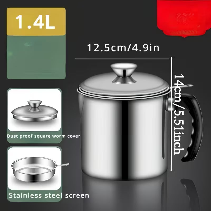 Stainless Steel Kitchen Grease Container with Strainer - Easy-Pour Handle, Ideal for Cooking Oil & Grease Storage, Essential Kitchen Accessory, Grease Can for Kitchen